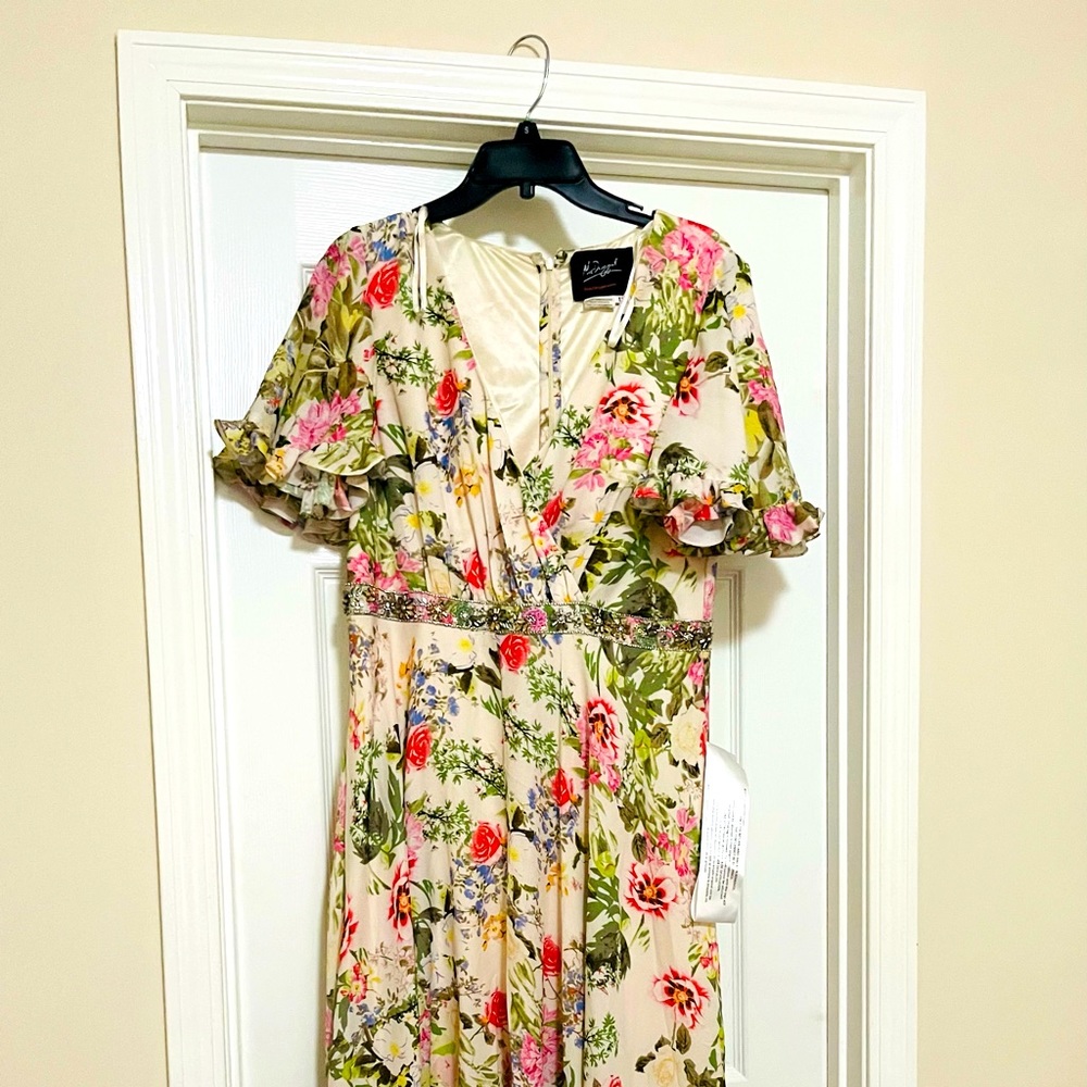 Mac Duggal floral print flutter sleeve maxi dress